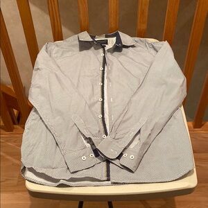 Denim & Flower long sleeve button down shirt. Size: M. Color: White w/ design